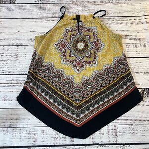 Iz Byer  Women's Crepe Mandala Hanky‎ Top Shirt Size Small Yellow/Black/Red